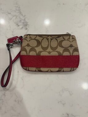 Coach Khaki Signature Canvas Wristlet with Red Accent